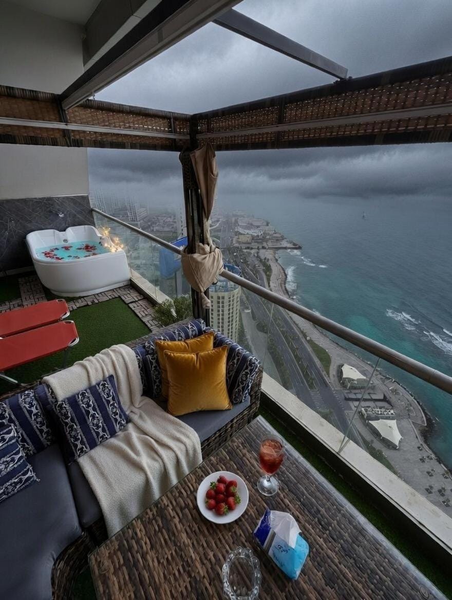 Patio, Day, Natural landscape, View (from property/room), Balcony/Terrace, Living room, Seating area, Dining area, Sea view