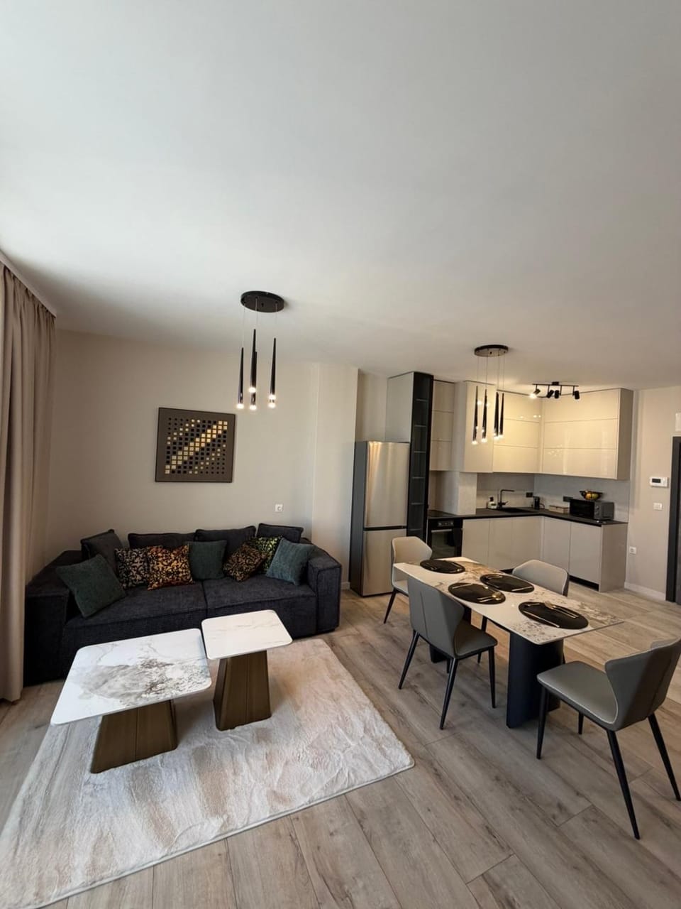 Kitchen or kitchenette, Living room, Dining area, stove