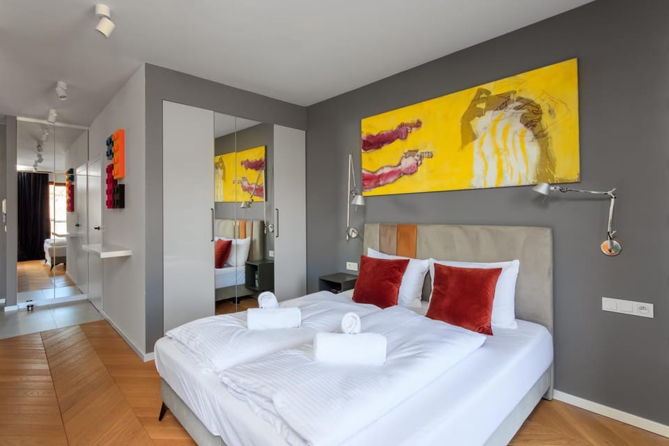Bed, wardrobe