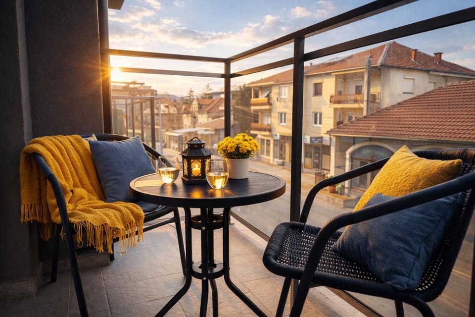Property building, Patio, Day, View (from property/room), Balcony/Terrace, Living room, Seating area, Dining area