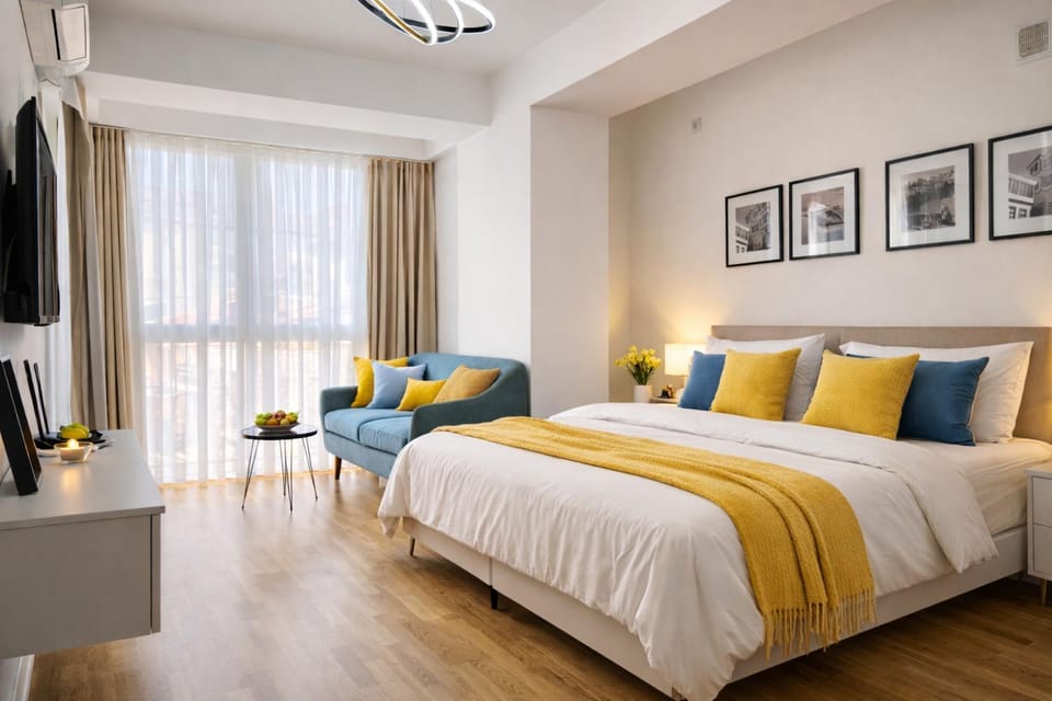 Bed, TV and multimedia, Living room, Photo of the whole room, Seating area, Bedroom