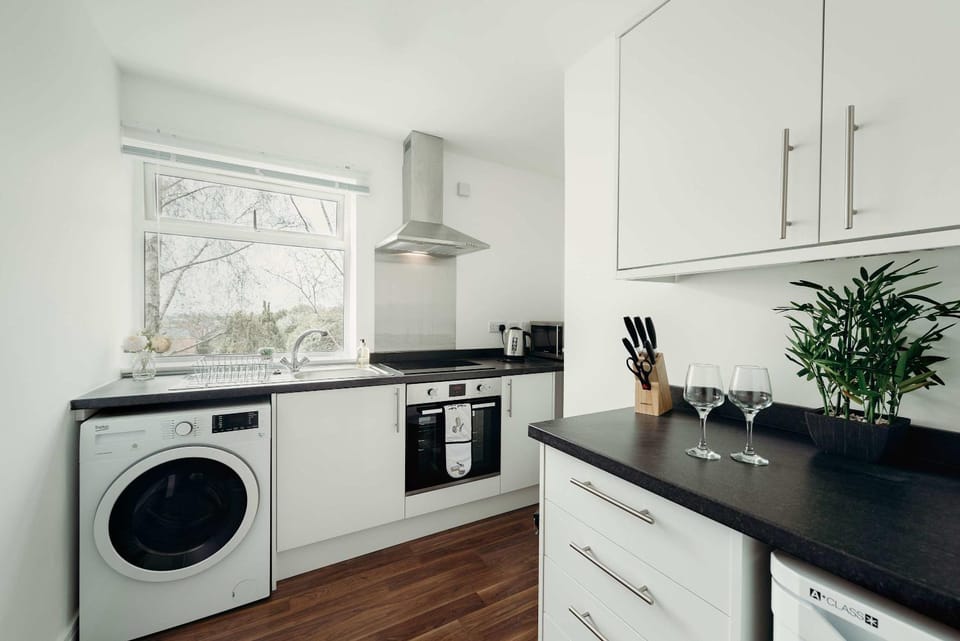 Kitchen or kitchenette, stove, washing machine