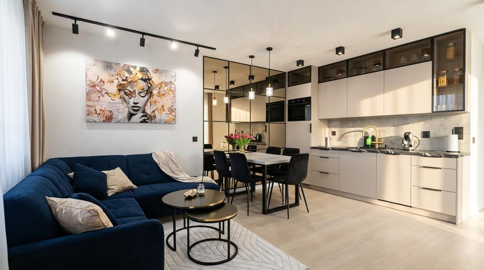 Kitchen or kitchenette, Living room, Dining area, dishwasher, oven, stove