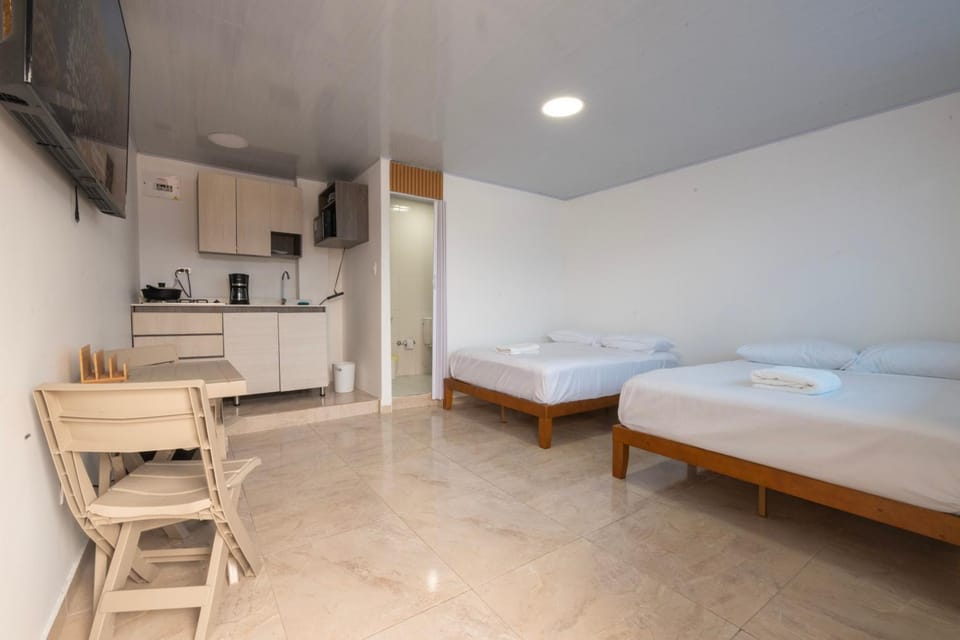 Bed, TV and multimedia, Kitchen or kitchenette, Photo of the whole room, Bedroom, towels