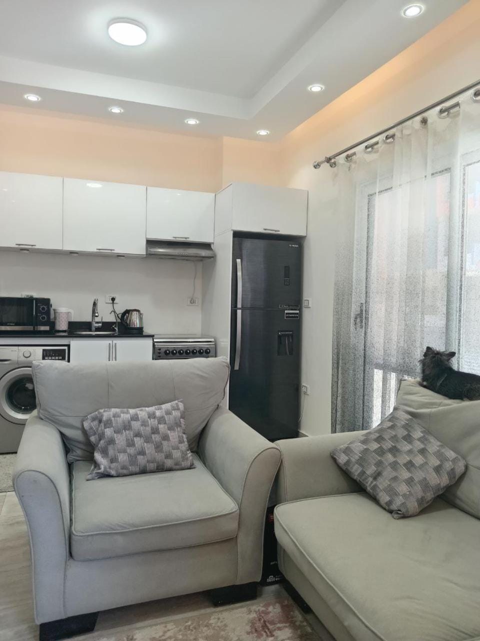 Kitchen or kitchenette, Living room, Seating area, oven, pet friendly, stove, washing machine