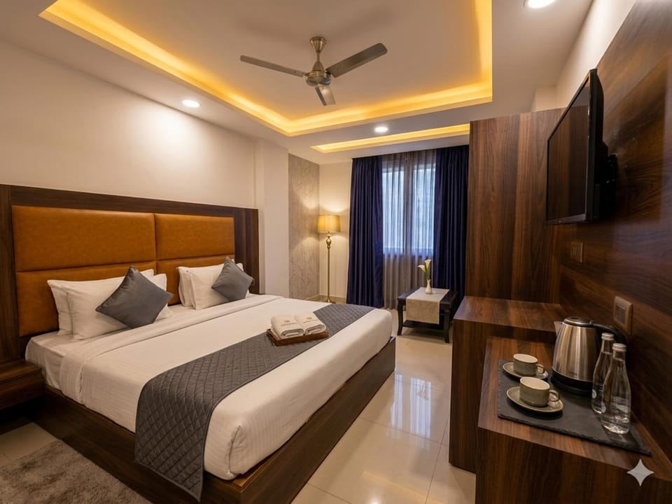 Bed, TV and multimedia, Coffee/tea facilities, Kitchen or kitchenette, Living room, Food and drinks, Photo of the whole room, Seating area, Bedroom, Drinks, fireplace, air conditioner