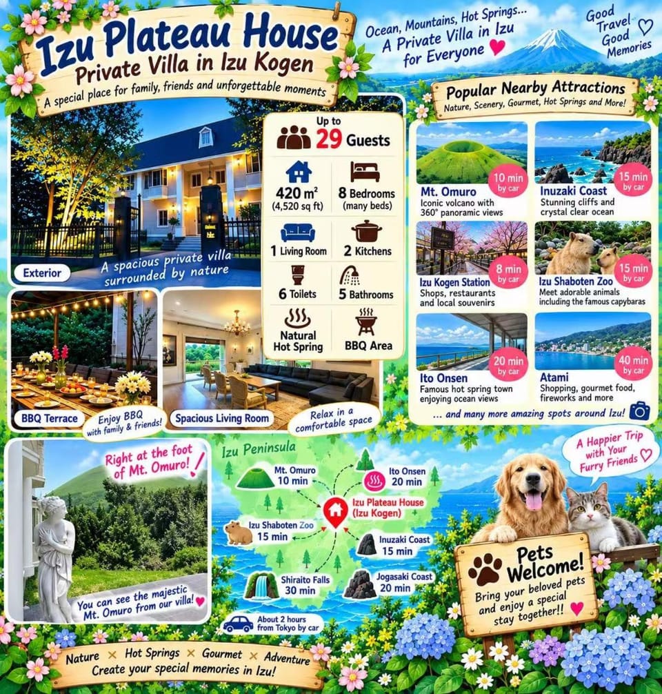 Izu Plateau House 420 square meters, BBQ , 8 bedrooms, 1 living room 2kitchen 6 toilets 5 bathroom 1 onsen House in Shizuoka Prefecture