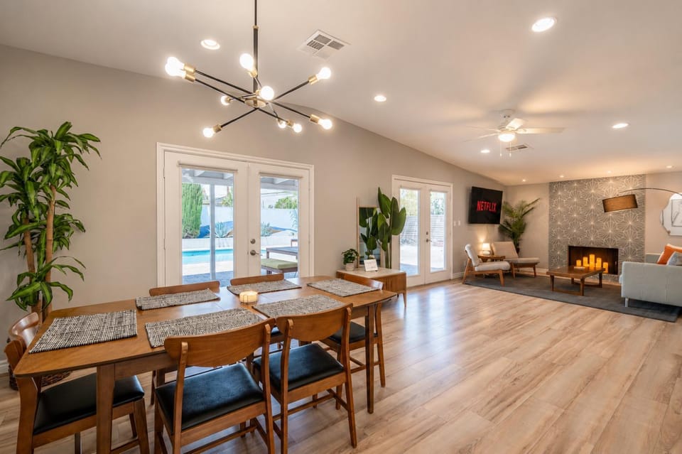 Living room, Dining area, Pool view, fireplace