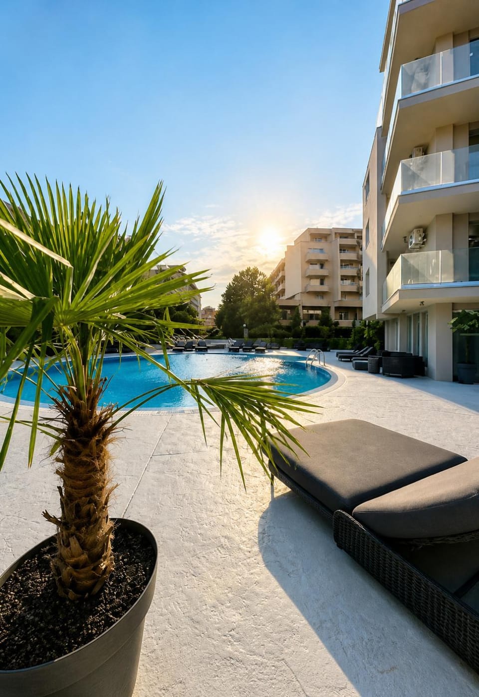 Day, Swimming pool, Sunrise, sunbed