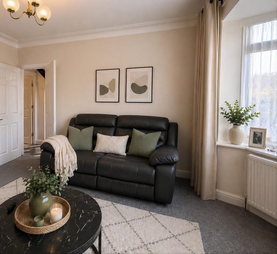 Living room, Seating area, Garden view