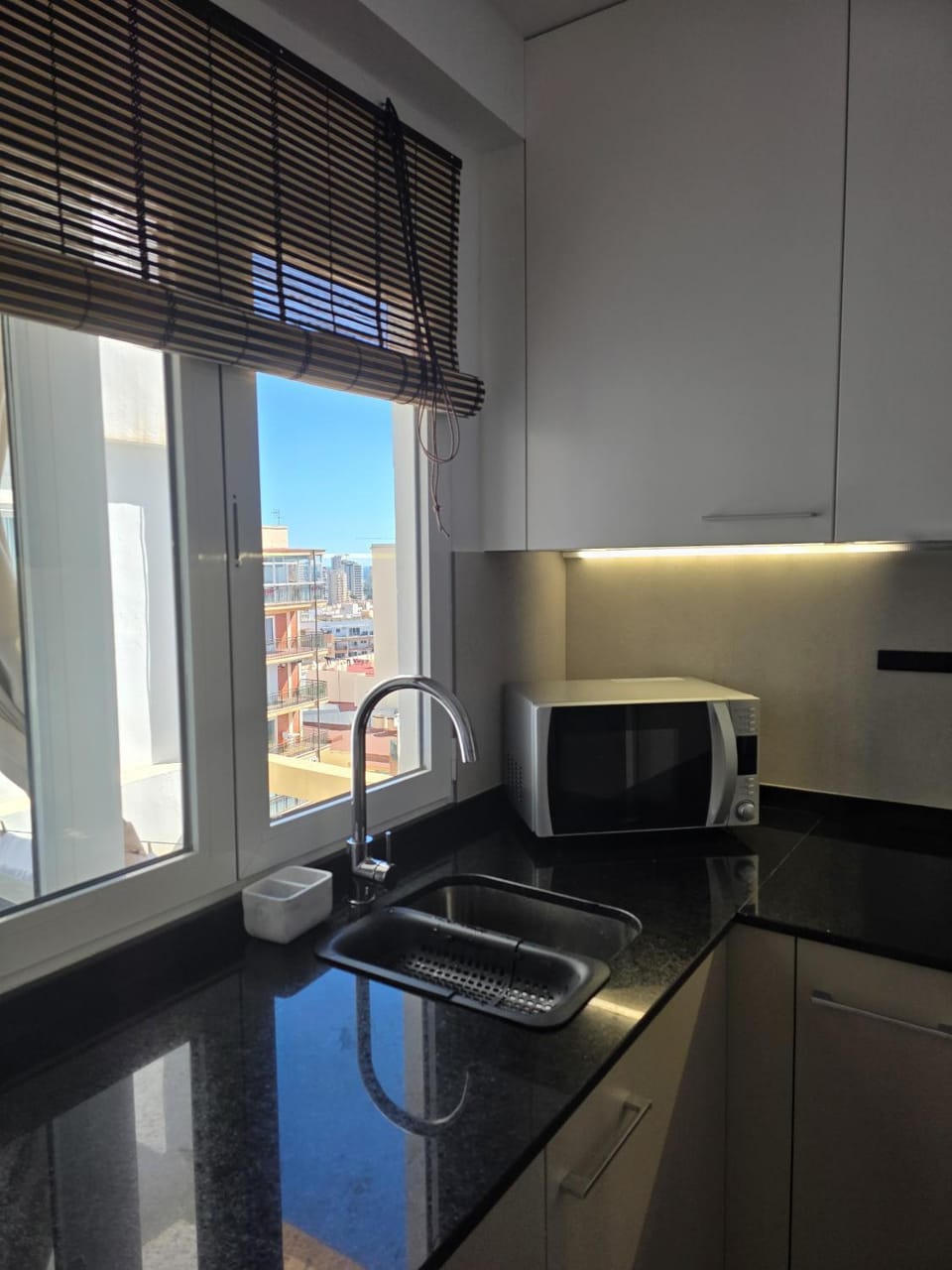 Kitchen or kitchenette, microwave, oven, stove