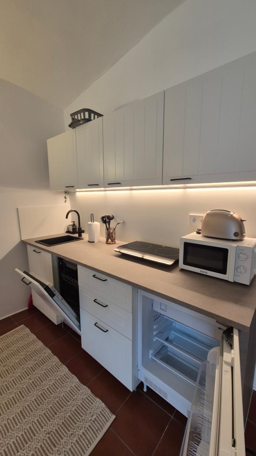 Kitchen or kitchenette, microwave, stove, toaster