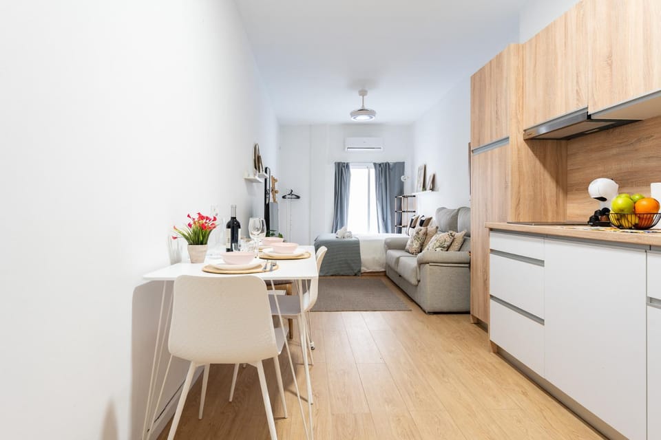 Kitchen or kitchenette, Living room, Dining area, stove