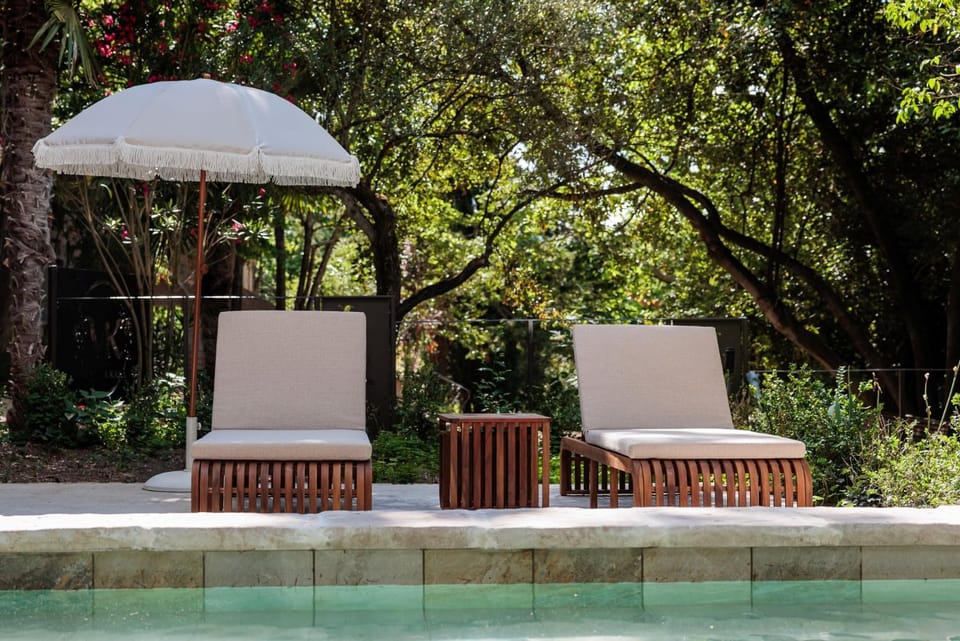 Natural landscape, Garden, Pool view, Swimming pool, sunbed