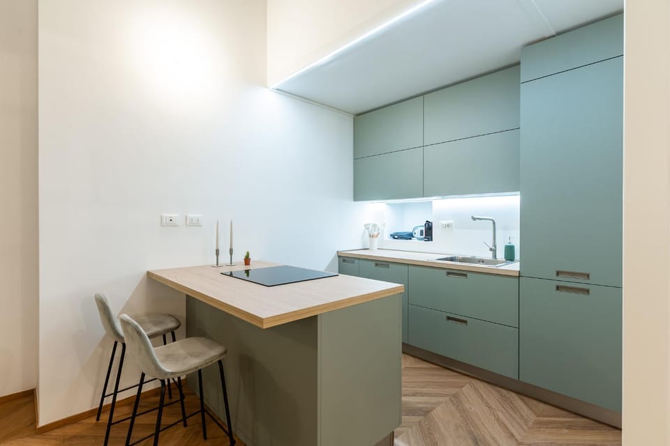 Kitchen or kitchenette, stove