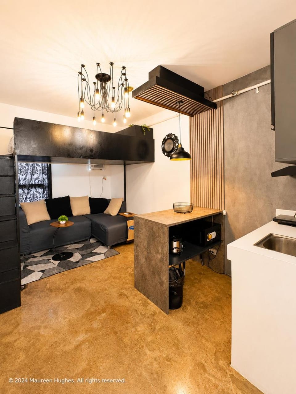 Bed, Living room, Dining area
