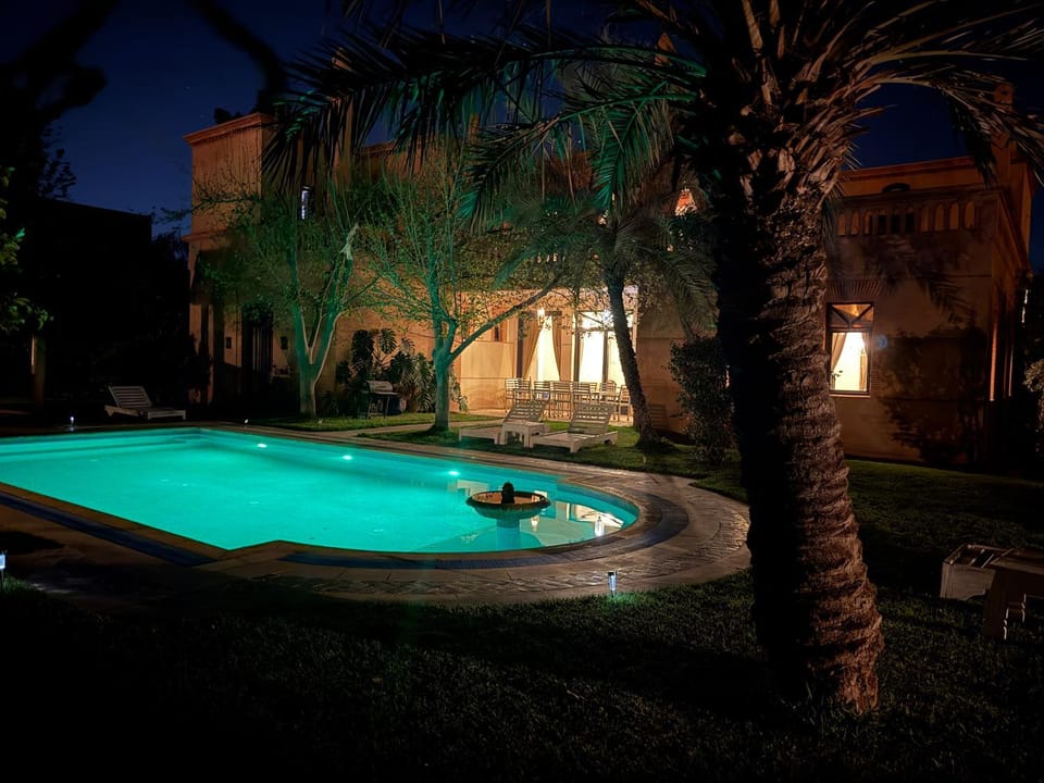 Property building, Night, Garden, Swimming pool
