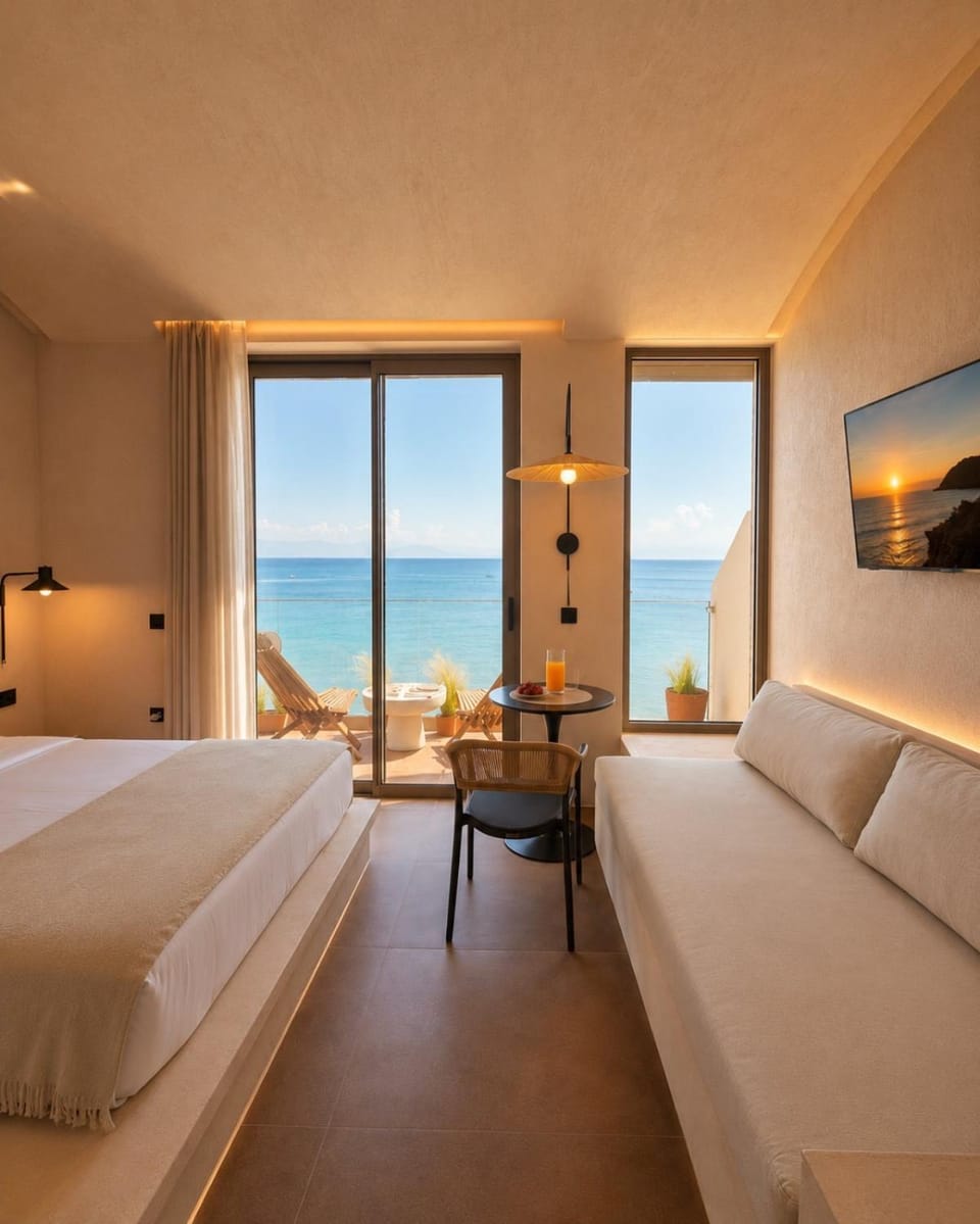 Bed, Natural landscape, Living room, Photo of the whole room, Seating area, Beach, Bedroom, Sea view