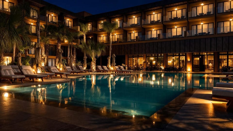 Property building, Night, Swimming pool