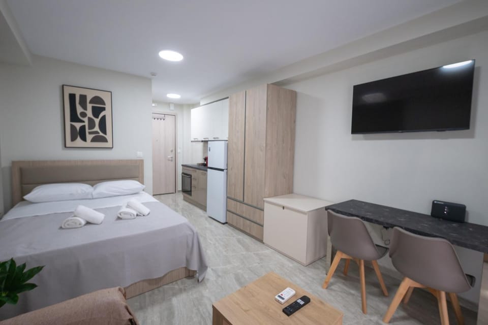 Bed, TV and multimedia, Kitchen or kitchenette, Living room, Photo of the whole room, Seating area, Dining area, Bedroom, oven, wardrobe