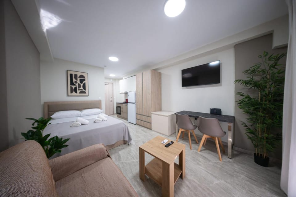 Bed, TV and multimedia, Kitchen or kitchenette, Living room, Photo of the whole room, Seating area, Bedroom, wardrobe