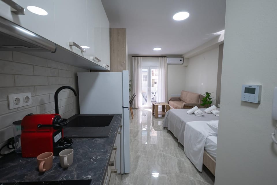 Bed, TV and multimedia, Kitchen or kitchenette, Living room, Photo of the whole room, Seating area, Bedroom, towels, air conditioner