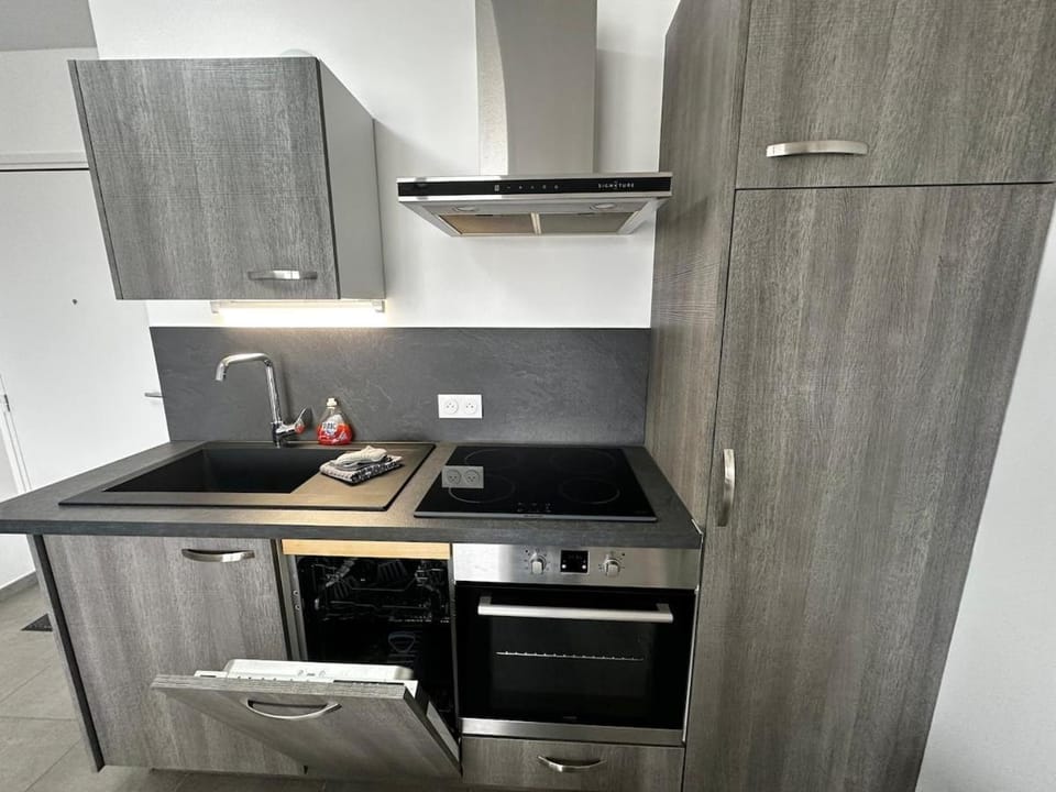 Kitchen or kitchenette, dishwasher, oven, stove