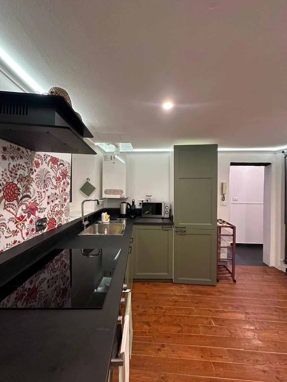 Kitchen or kitchenette, microwave, oven, stove
