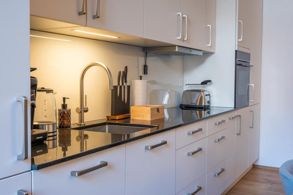 Kitchen or kitchenette, oven, toaster