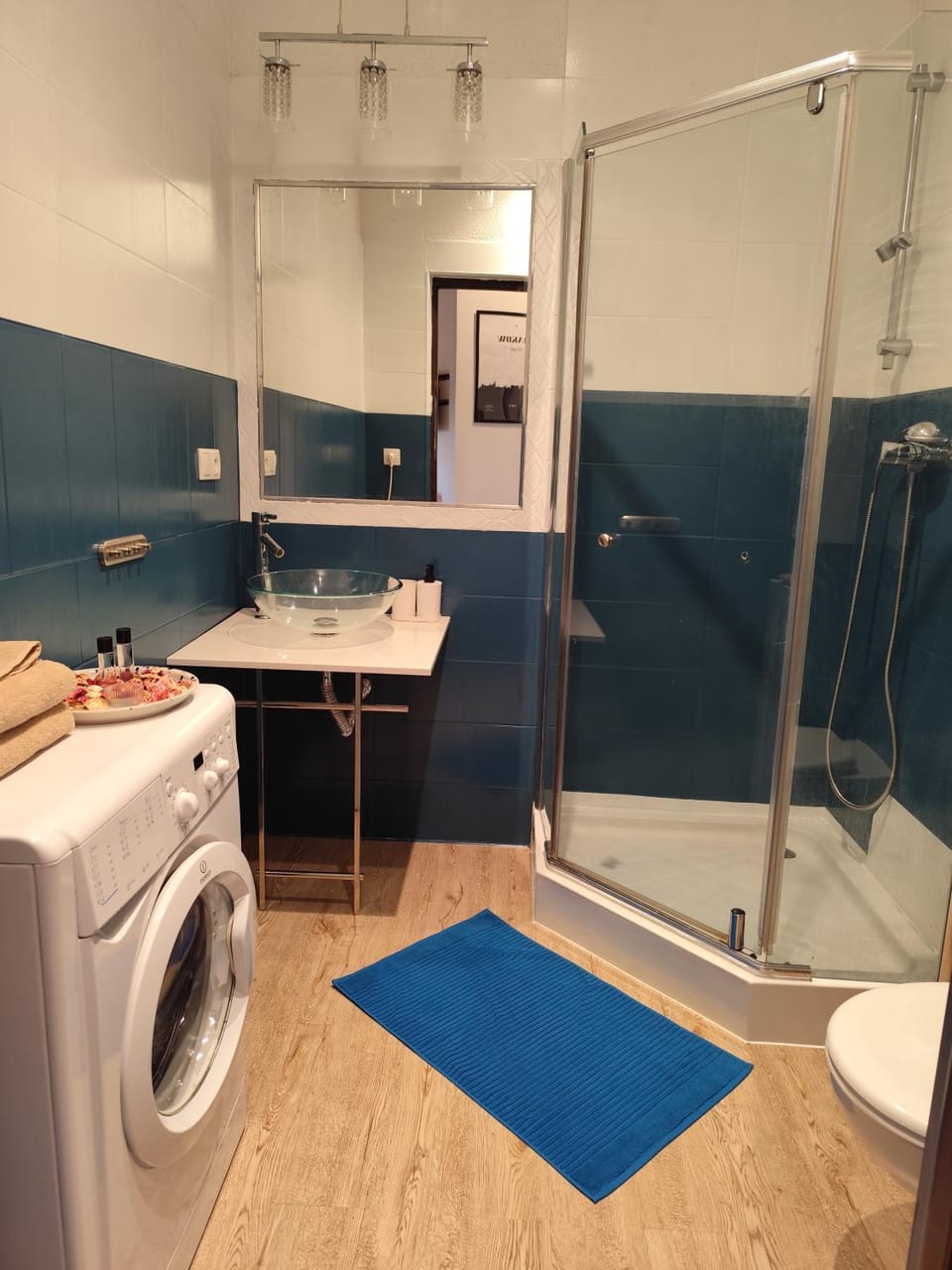 Shower, Toilet, Bathroom, towels, washing machine, dryer
