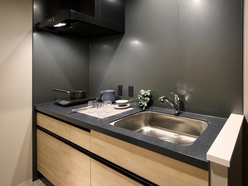 Kitchen or kitchenette, stove