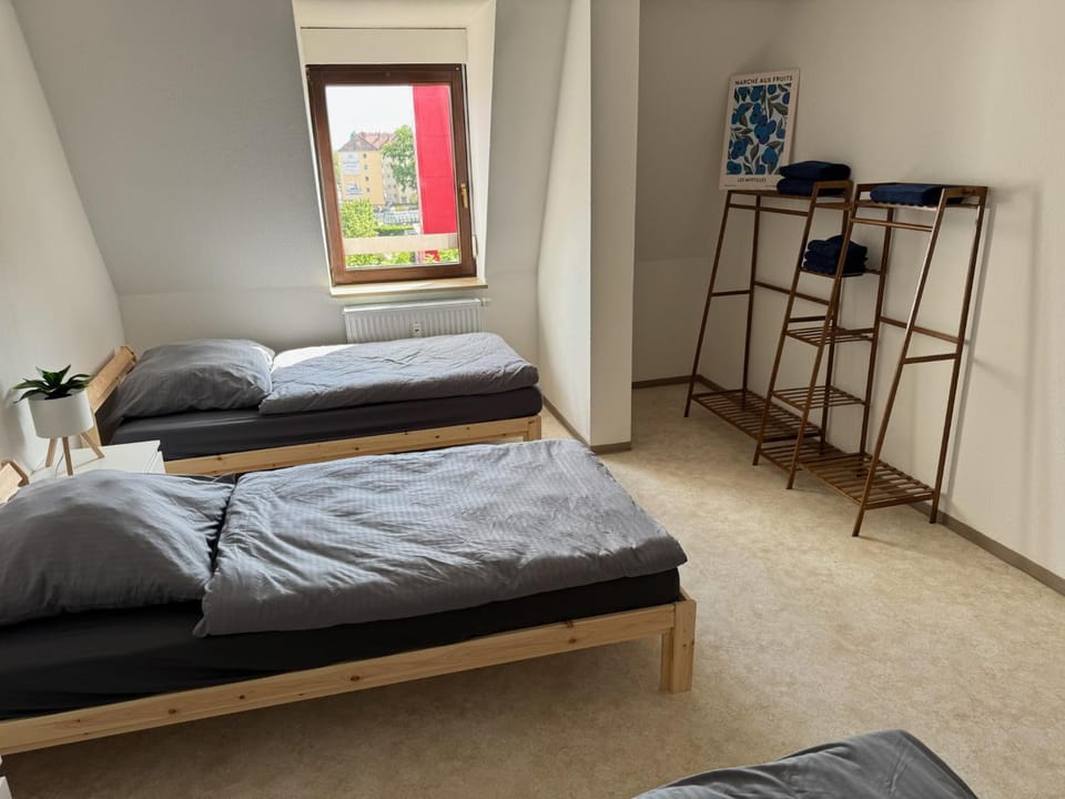 Bed, wardrobe