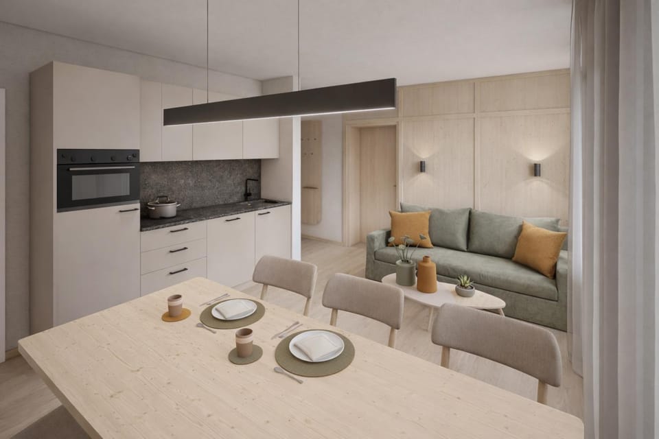 Kitchen or kitchenette, Living room, Seating area, Dining area