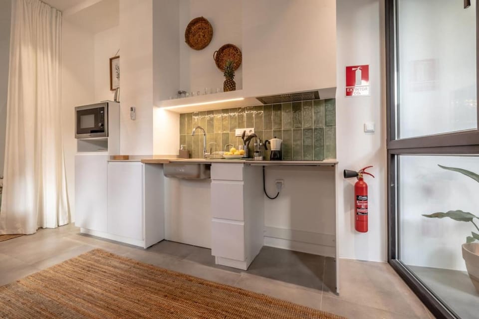 Kitchen or kitchenette, stove