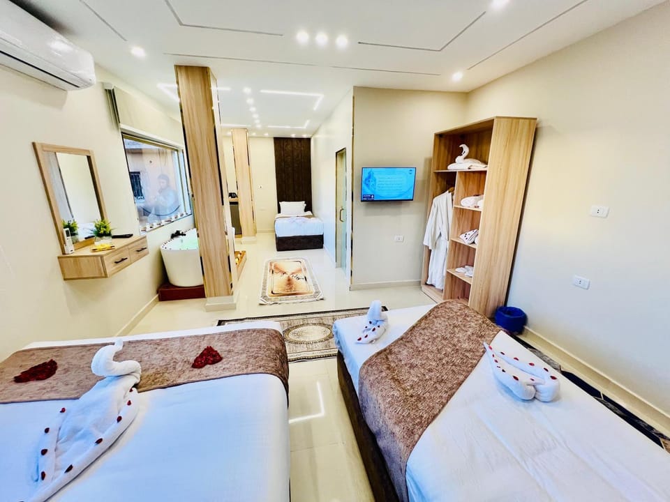 Bed, TV and multimedia, Living room, Photo of the whole room, Seating area, Bedroom, towels, wardrobe, air conditioner