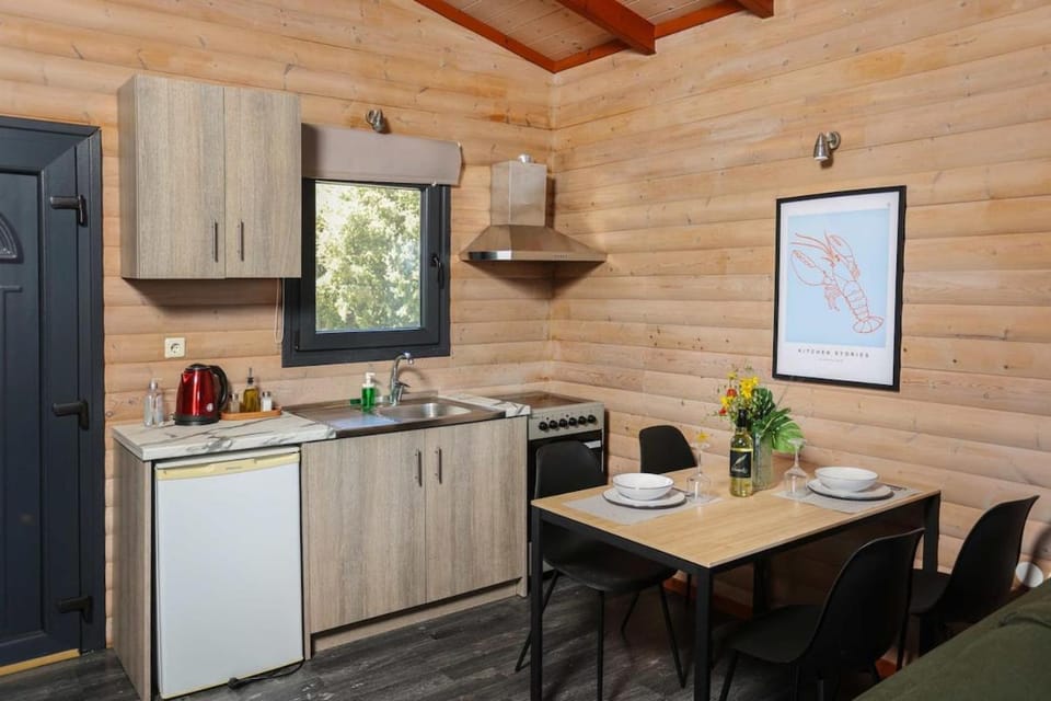 Dining area, minibar, oven, stove