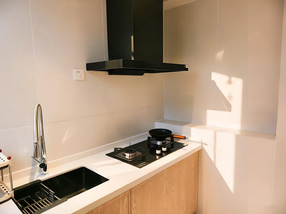 Kitchen or kitchenette, stove