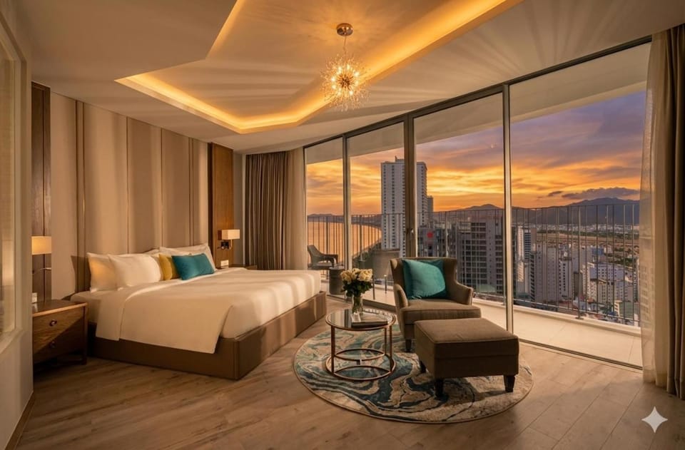 Bed, Bedroom, City view, Mountain view