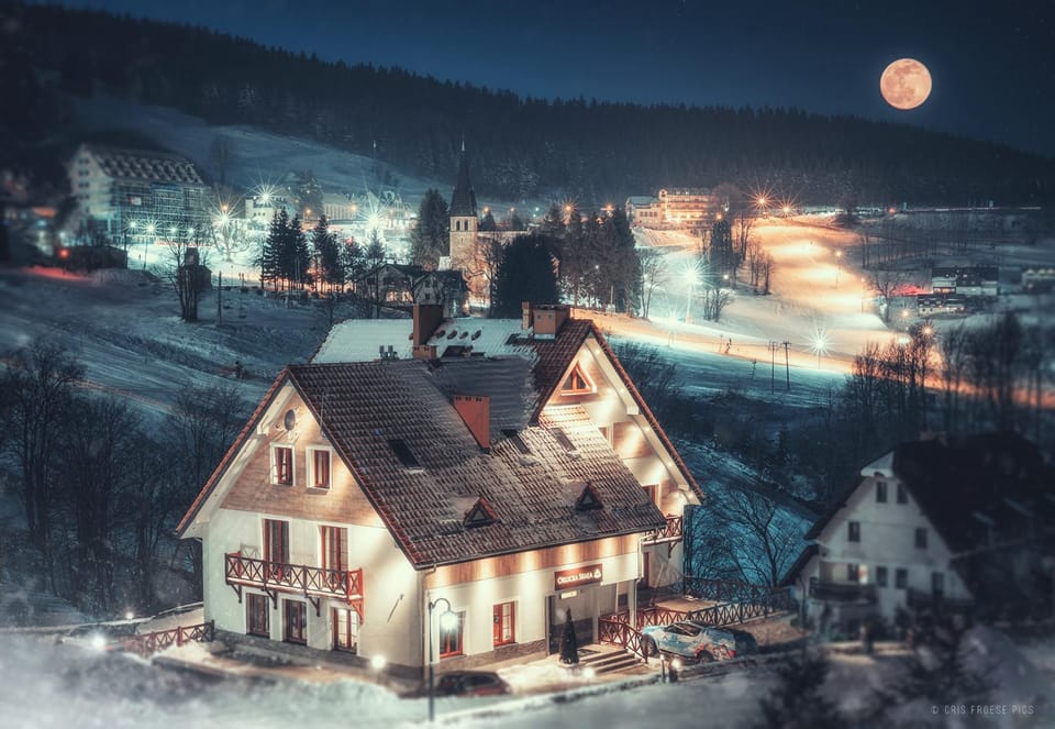 Property building, Night, Neighbourhood, Natural landscape, Winter, Mountain view