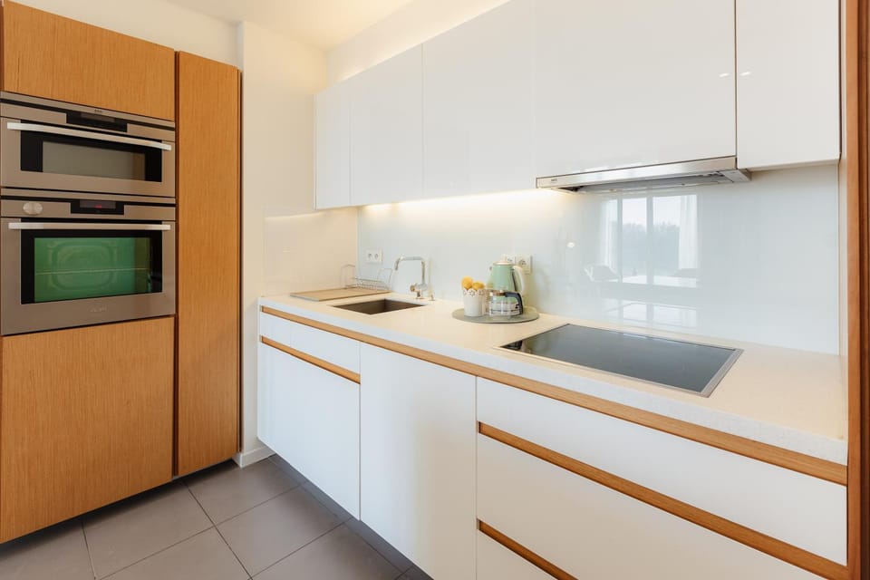 Kitchen or kitchenette, dishwasher, oven, stove