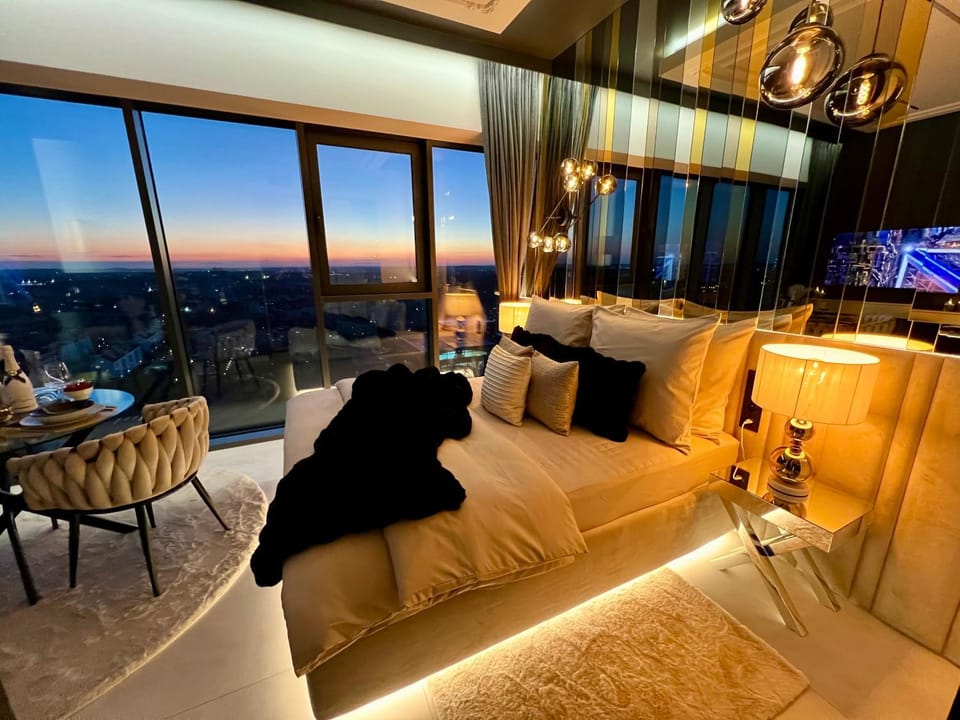 Bed, Night, City view, Sunset
