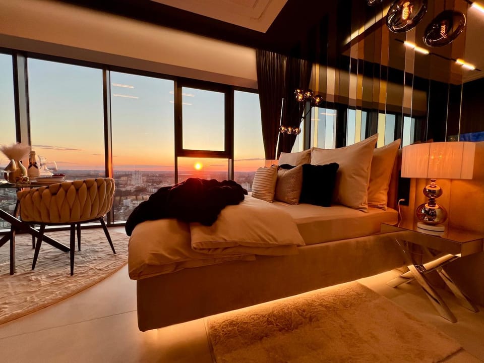 Bed, City view, Sunset