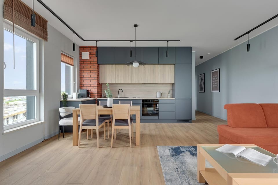 Kitchen or kitchenette, Living room, Seating area, Dining area, stove