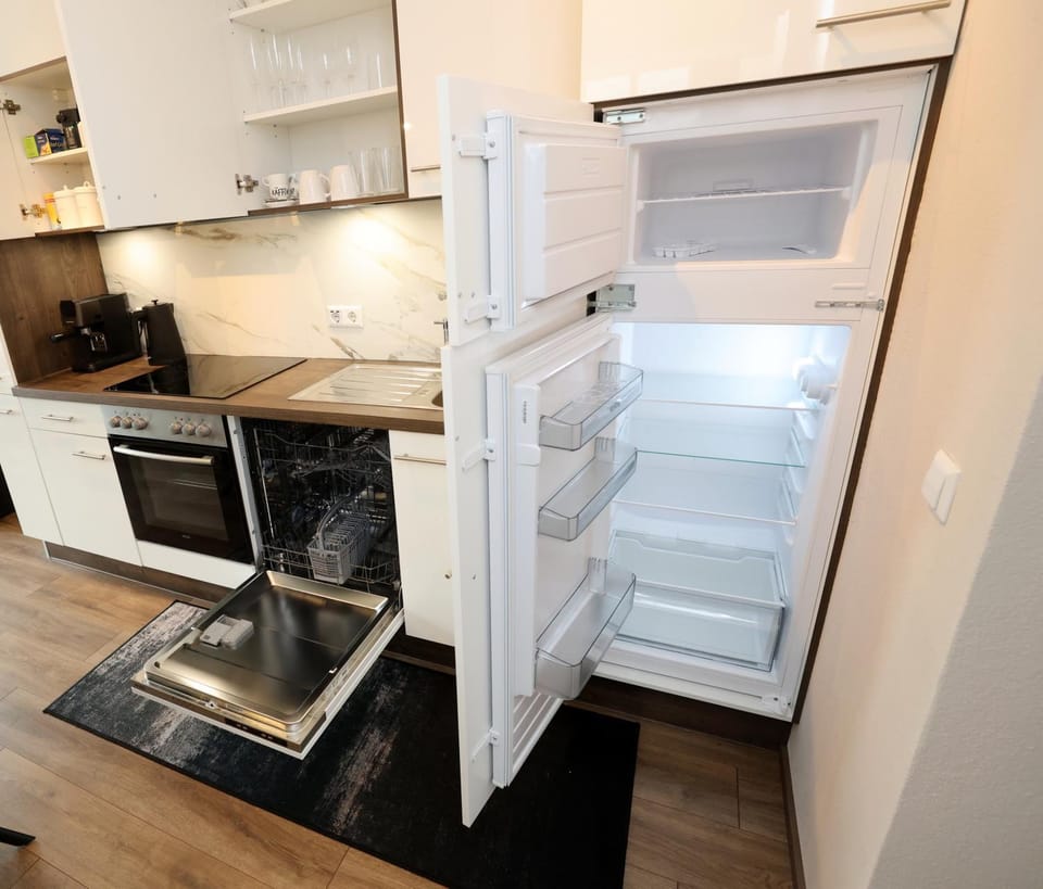Kitchen or kitchenette, dishwasher, oven, stove