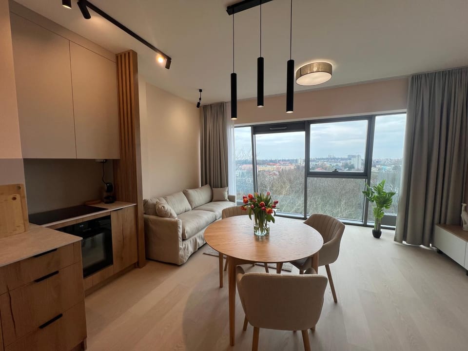 Kitchen or kitchenette, Living room, Seating area, Dining area