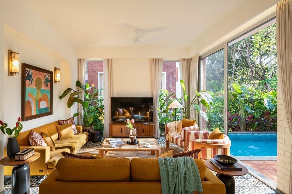 TV and multimedia, Living room, Seating area, Pool view, Swimming pool