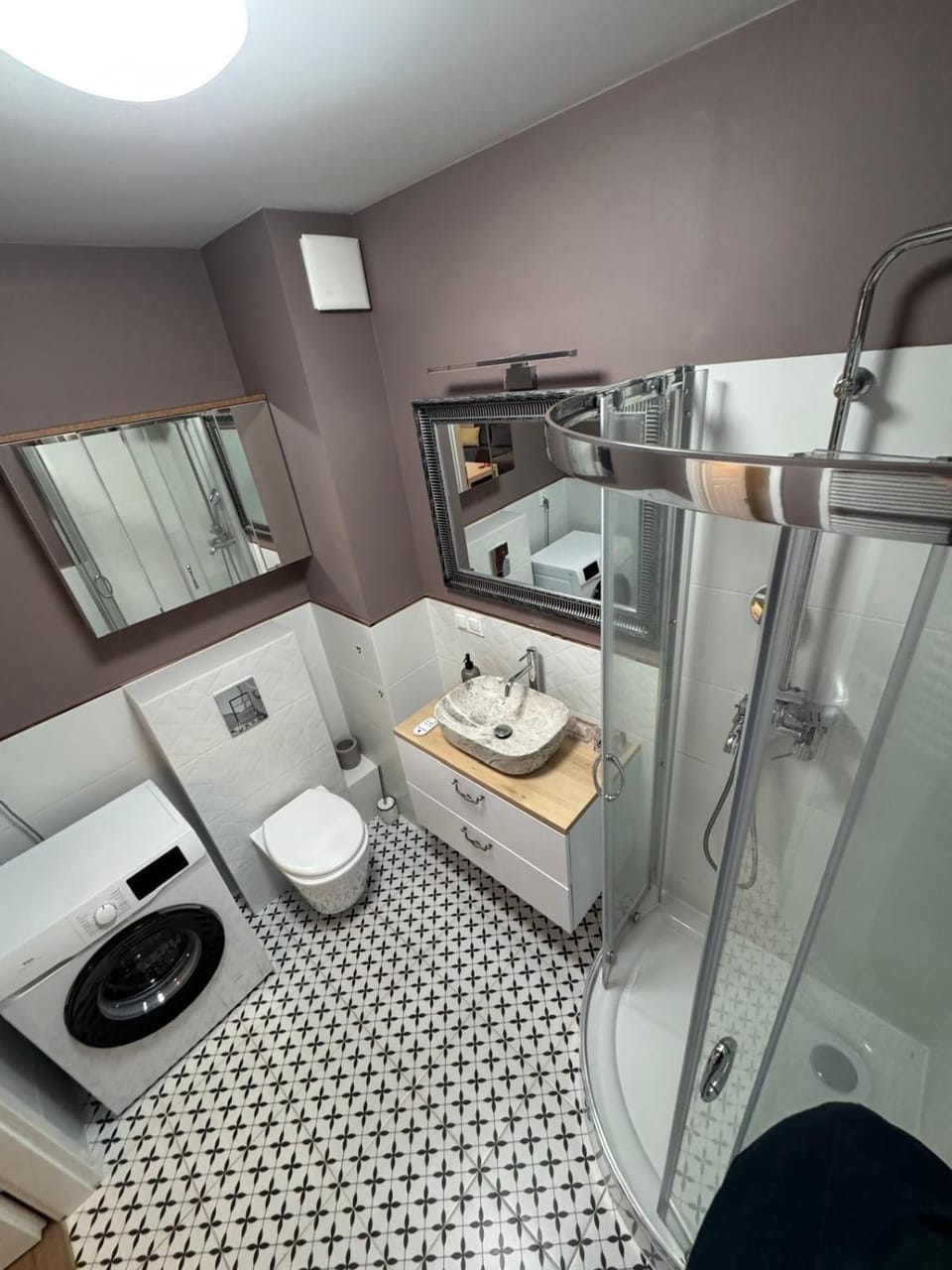 Shower, Toilet, Bathroom, towels, washing machine, dryer
