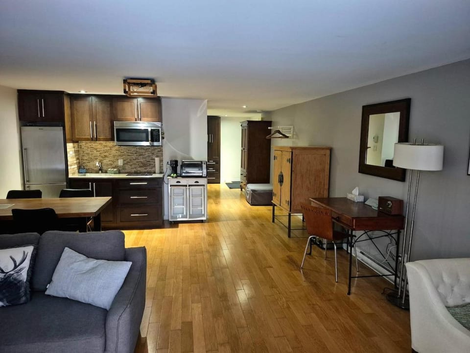 Kitchen or kitchenette, Living room, Seating area, Dining area