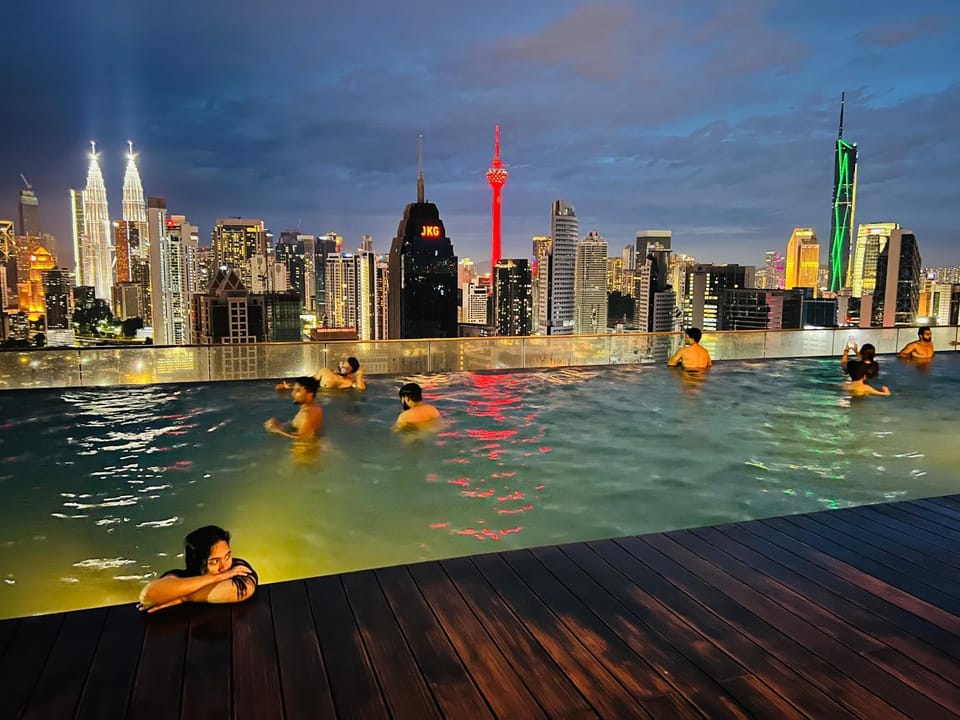 Night, People, City view, Pool view, Swimming pool