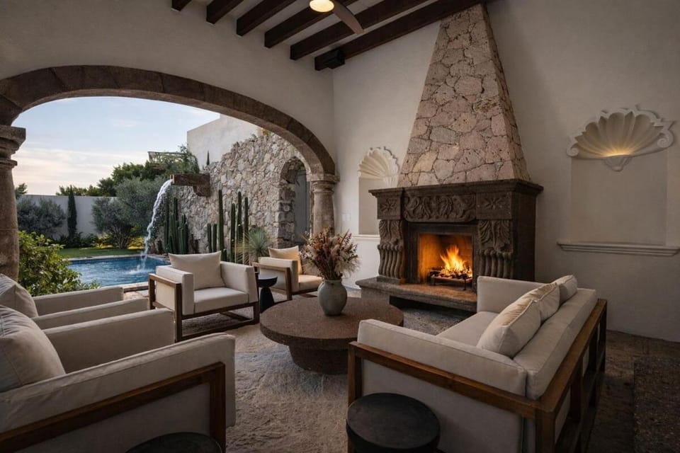 Seating area, Pool view, Swimming pool, fireplace